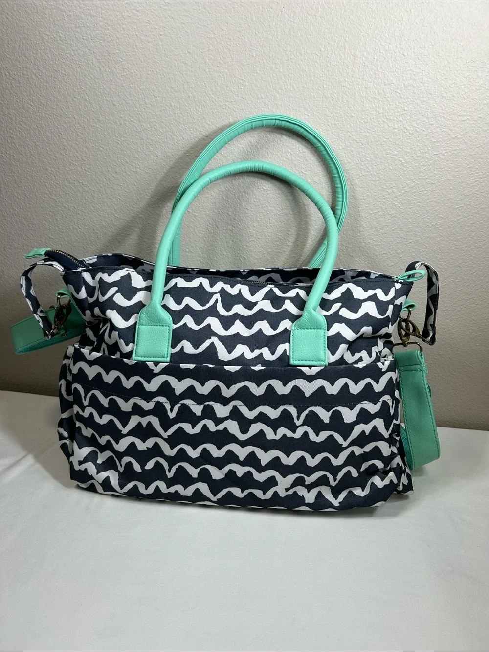 Teal Navy Wave Pattern Multi Pockets Complete Diaper Stroller Strap Tote Bag